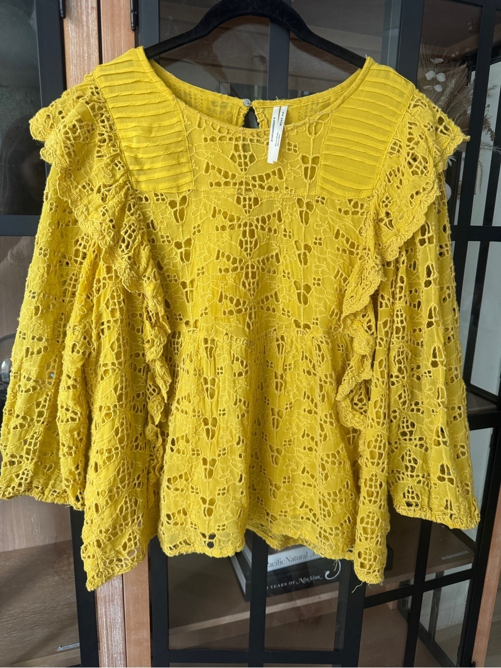 Anthropologie Clementine Blouse Eyelet Ruffle top Puffed long Sleeve marigold